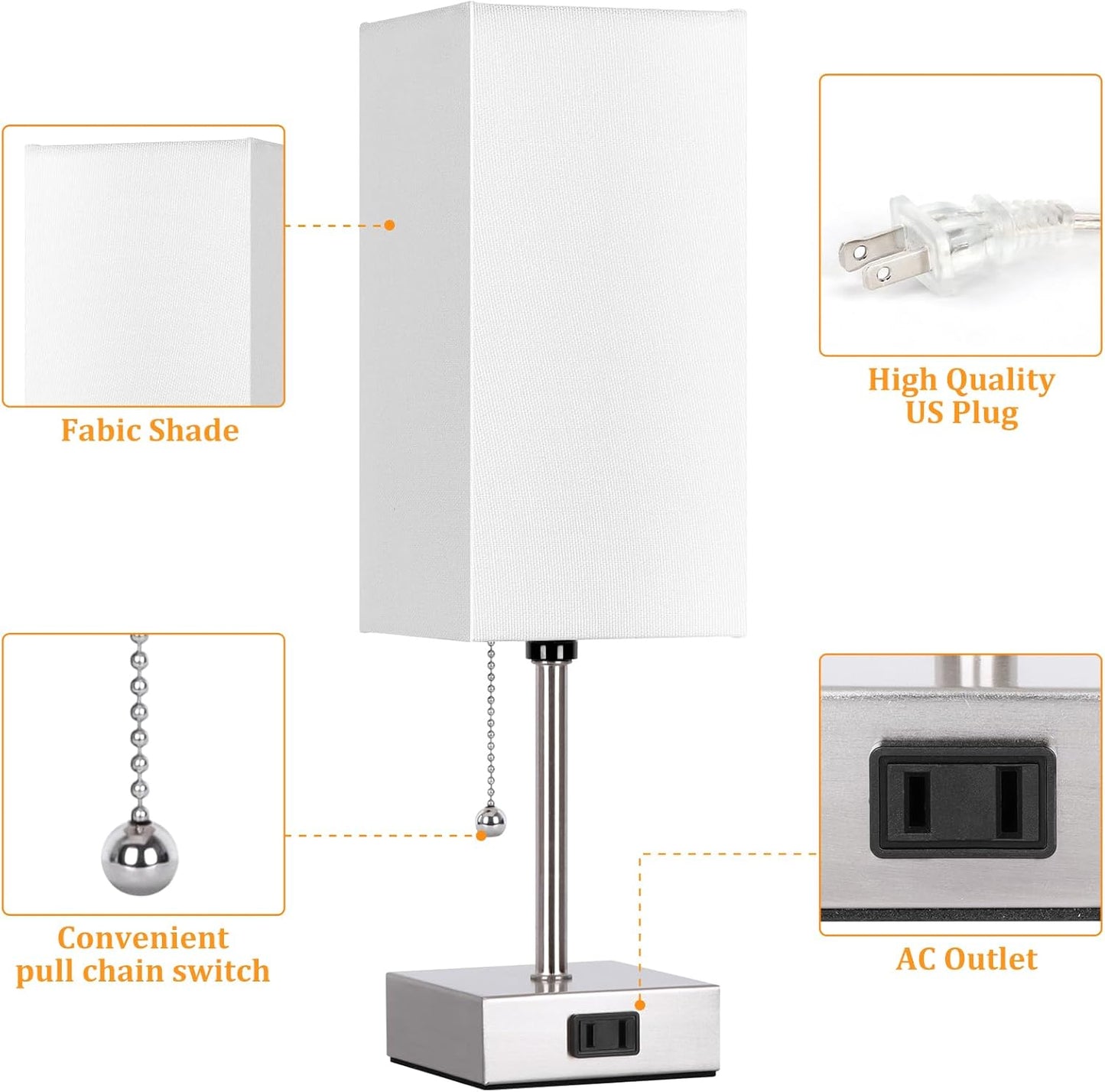 Touch Control Bedside Lamp, 3 Way Dimmable Nightstand Lamp with 2 USB Ports & AC Outlet, Modern Style, White Fabric Shade