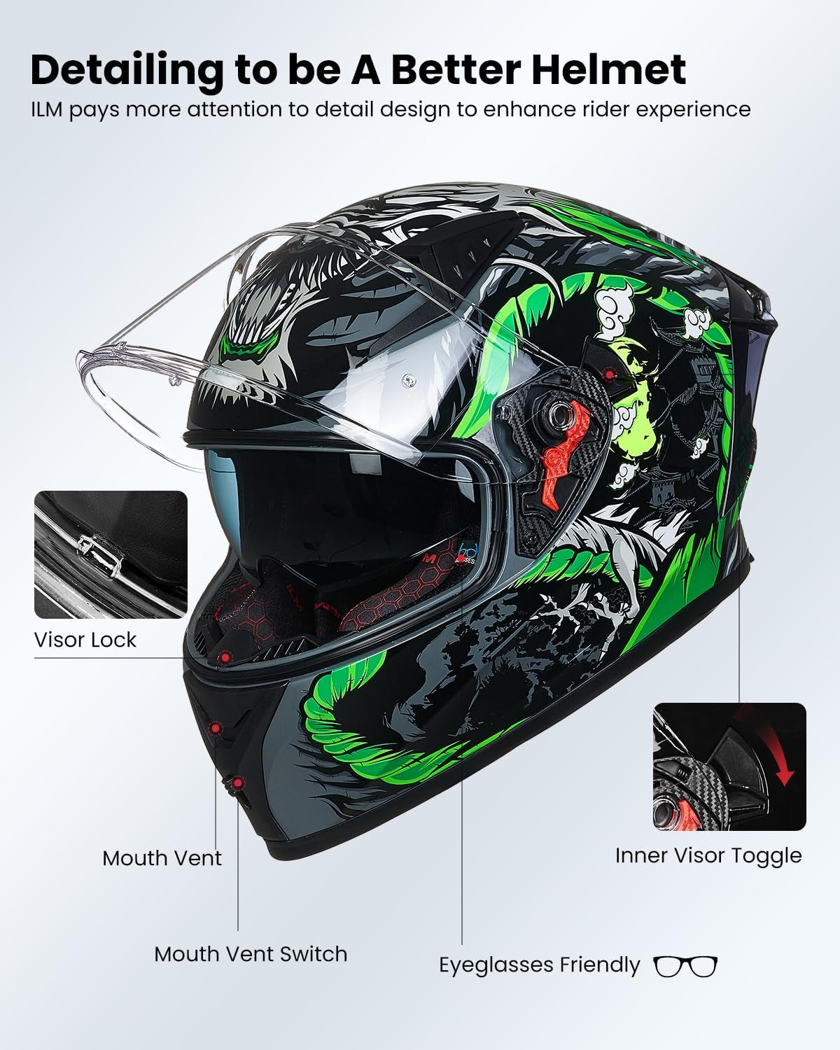 Motorcycle Helmet Full Face with Pinlock Compatible Clear&Tinted Visors and Fins Street Bike Motocross Casco DOT Model Z501(Legend Green, Large)