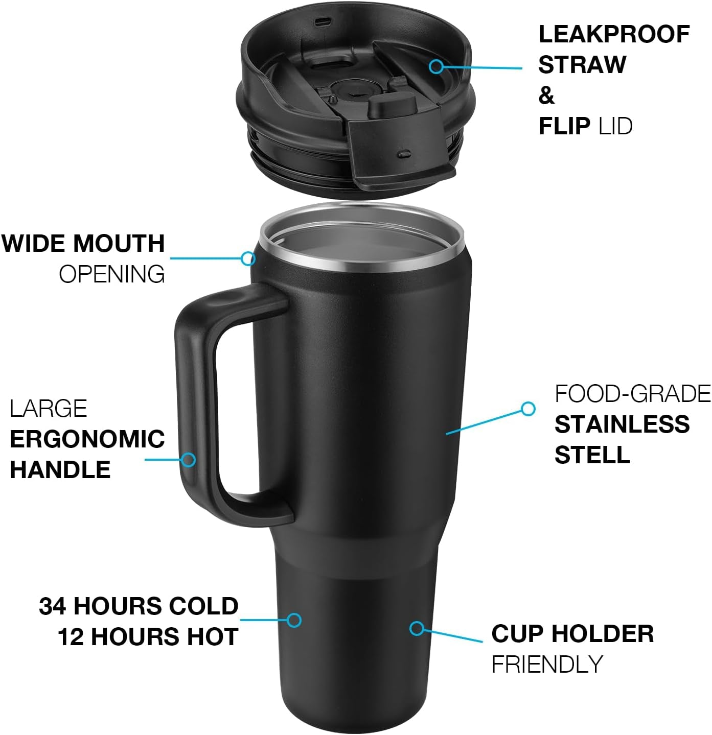 40 Oz Tumbler with Handle, Insulated Tumblers with Lid and Straw, Large Metal Sports Water Bottle Jug, Thermal Stainless Steel Travel Coffee Mug Cup, Black