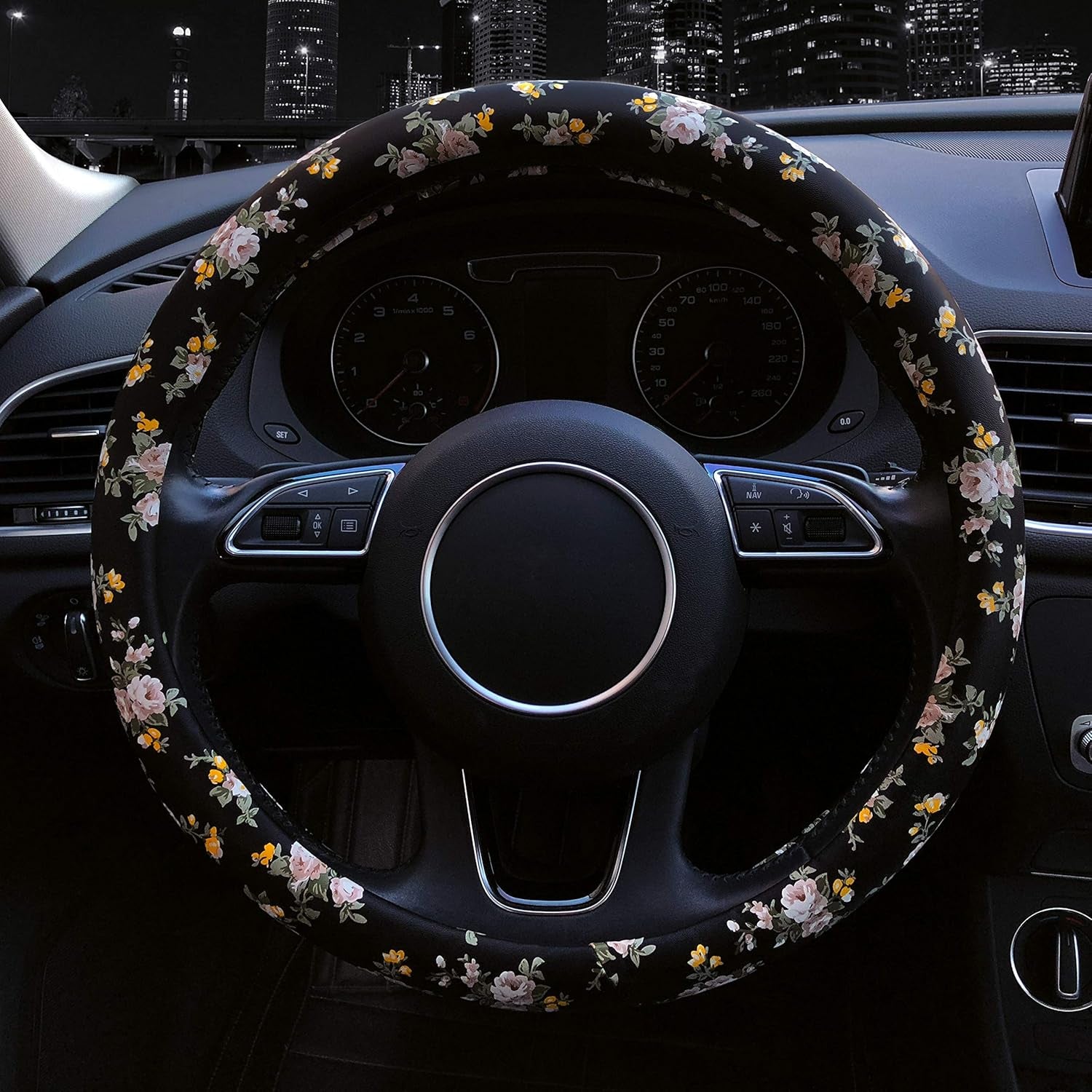 PU Leather Floral Auto Car Steering Wheel Cover, for Women Girls Ladies, anti Slip Non-Toxic Universal 15 Inch, Black with Flowers
