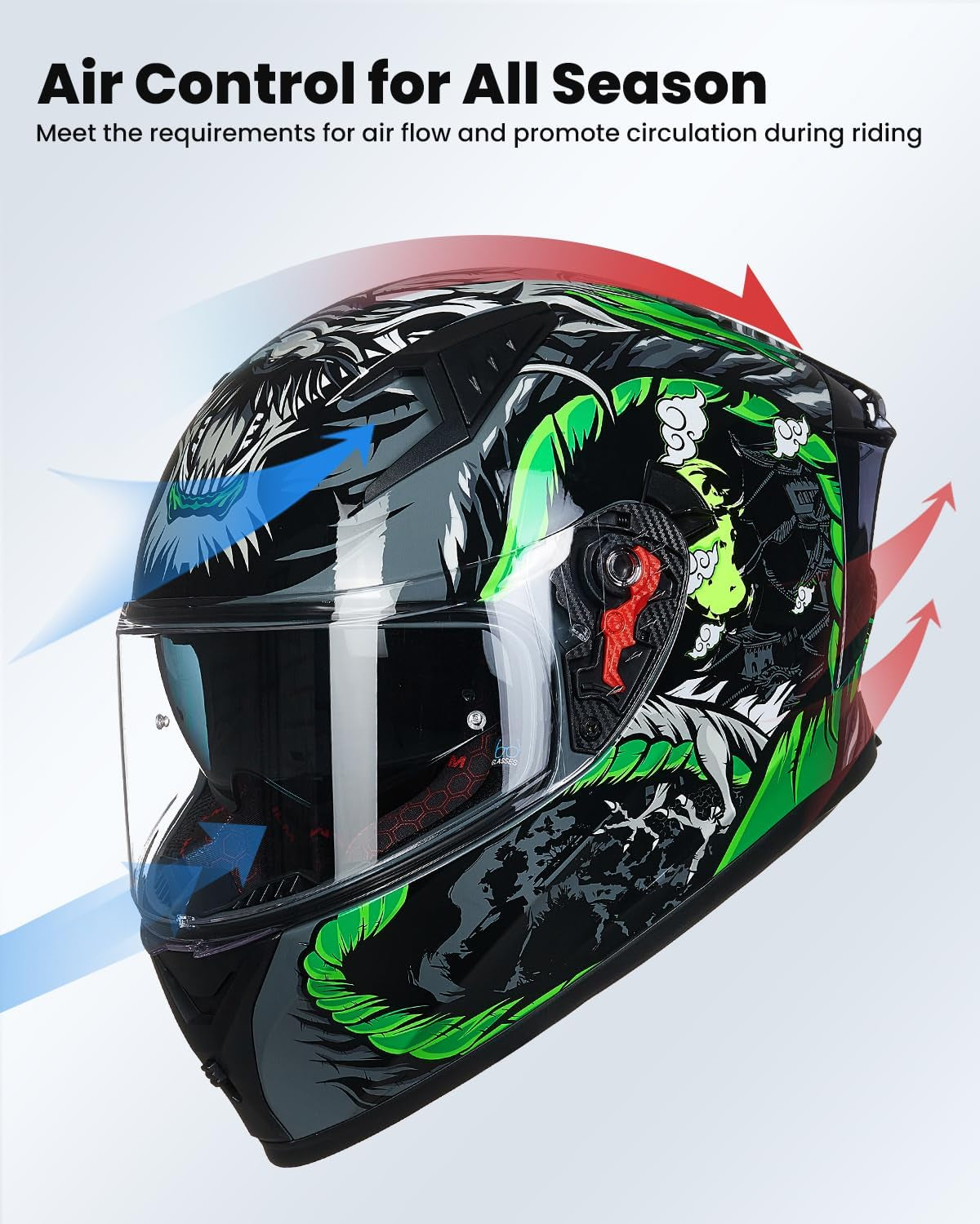 Motorcycle Helmet Full Face with Pinlock Compatible Clear&Tinted Visors and Fins Street Bike Motocross Casco DOT Model Z501(Legend Green, Large)