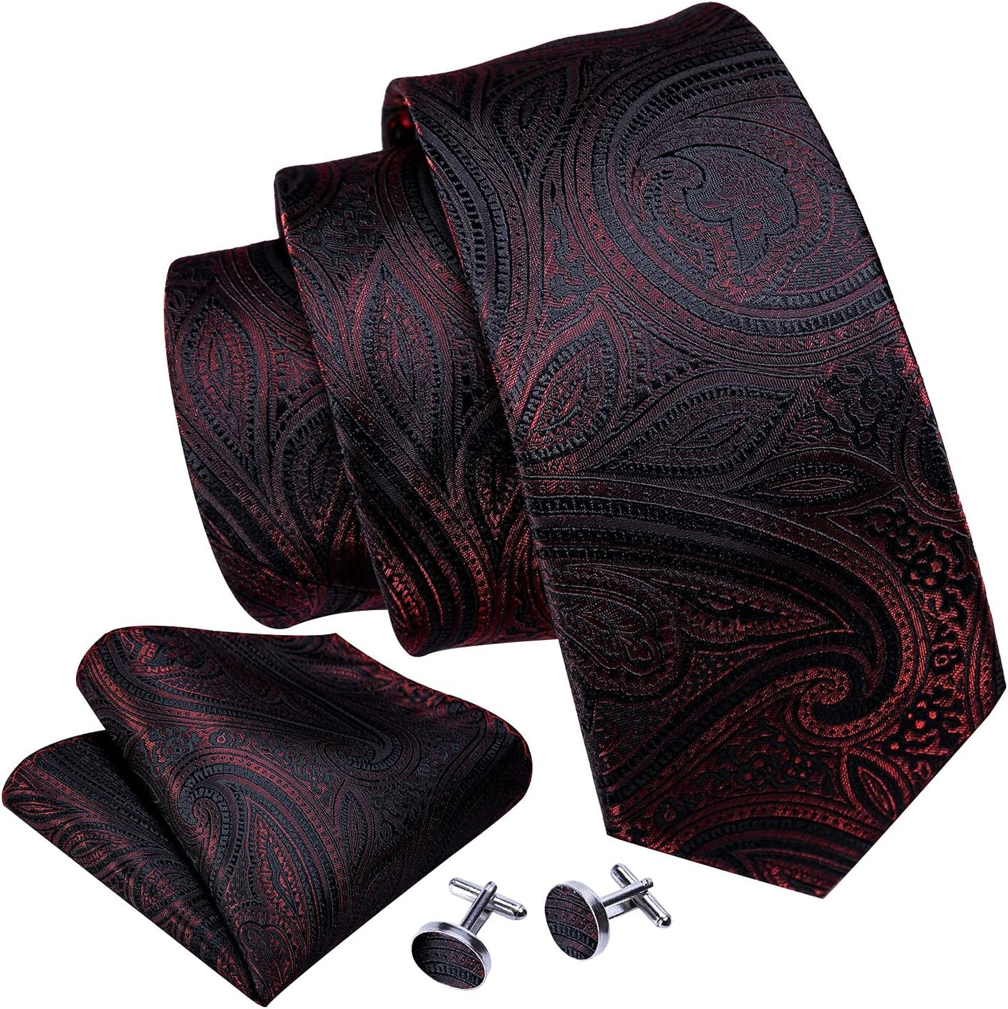 Classic Burgundy Flower Man Tie Set Wedding Necktie Pocket Square Cufflinks Ceremony