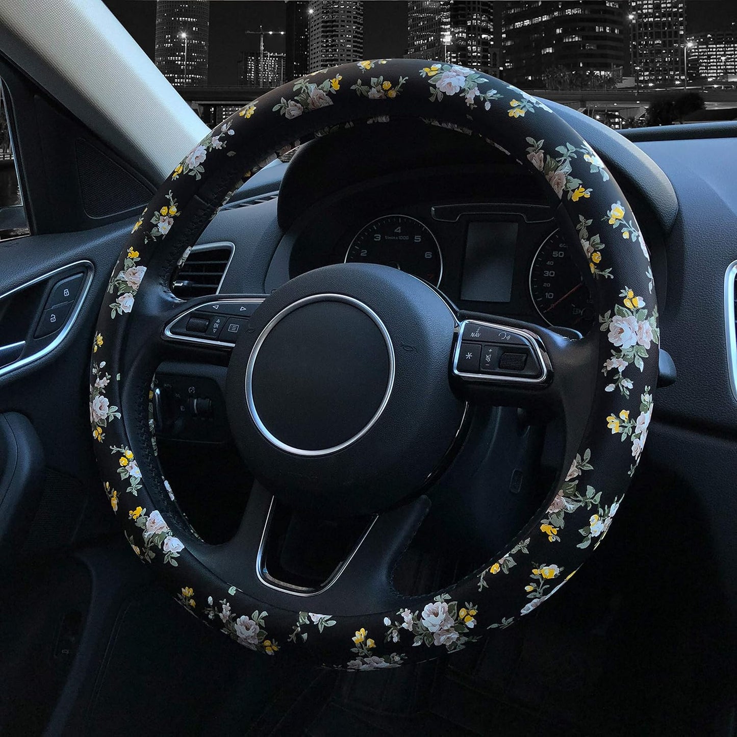 PU Leather Floral Auto Car Steering Wheel Cover, for Women Girls Ladies, anti Slip Non-Toxic Universal 15 Inch, Black with Flowers