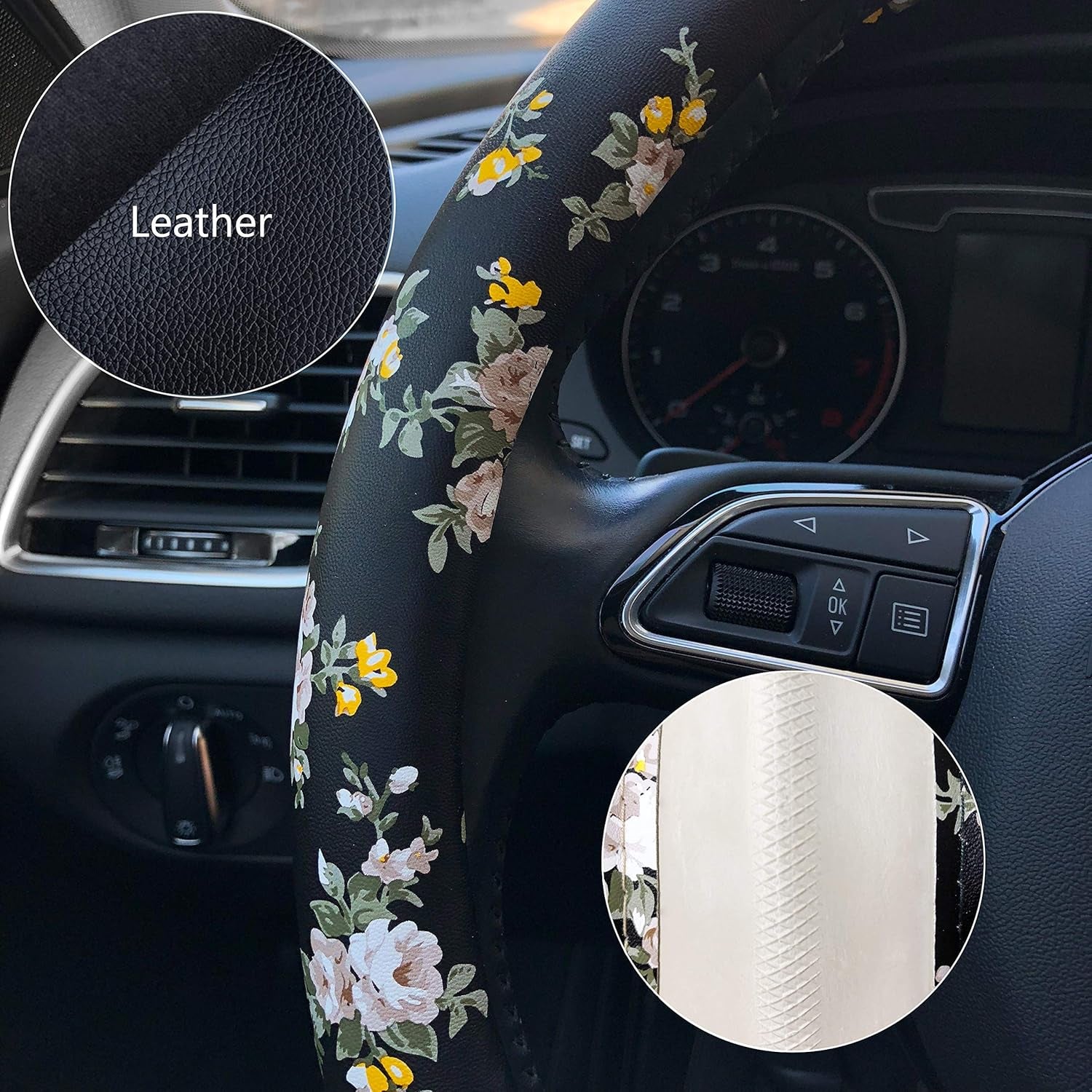 PU Leather Floral Auto Car Steering Wheel Cover, for Women Girls Ladies, anti Slip Non-Toxic Universal 15 Inch, Black with Flowers