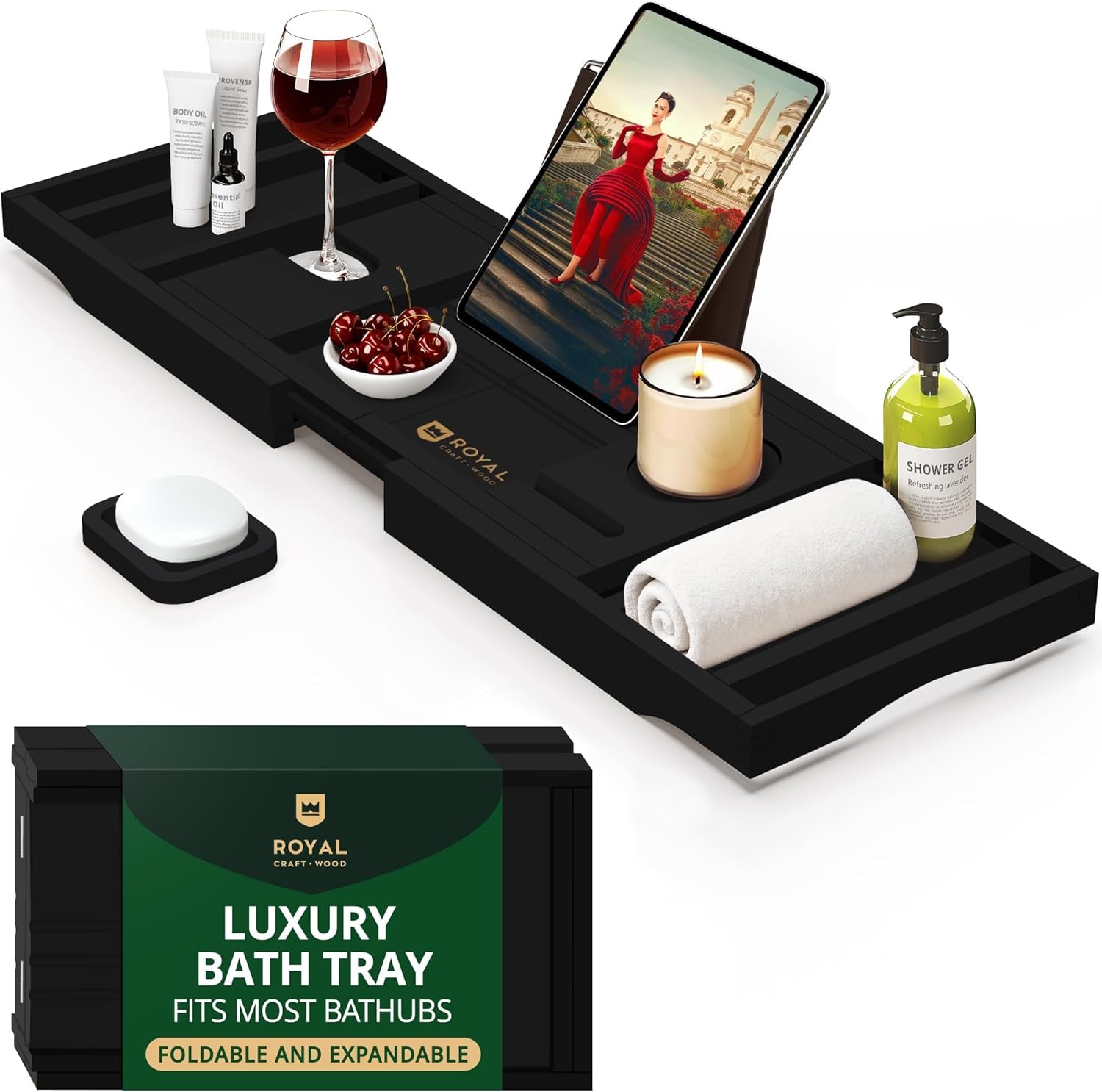 Premium Foldable Bathtub Tray - Wood Bath Tray for Tub, Bamboo Shelf, Expandable Bath Table Trays, Bathtub & Bathroom Accessories for New Home & Mothers Day & Birthday Gifts for Mom