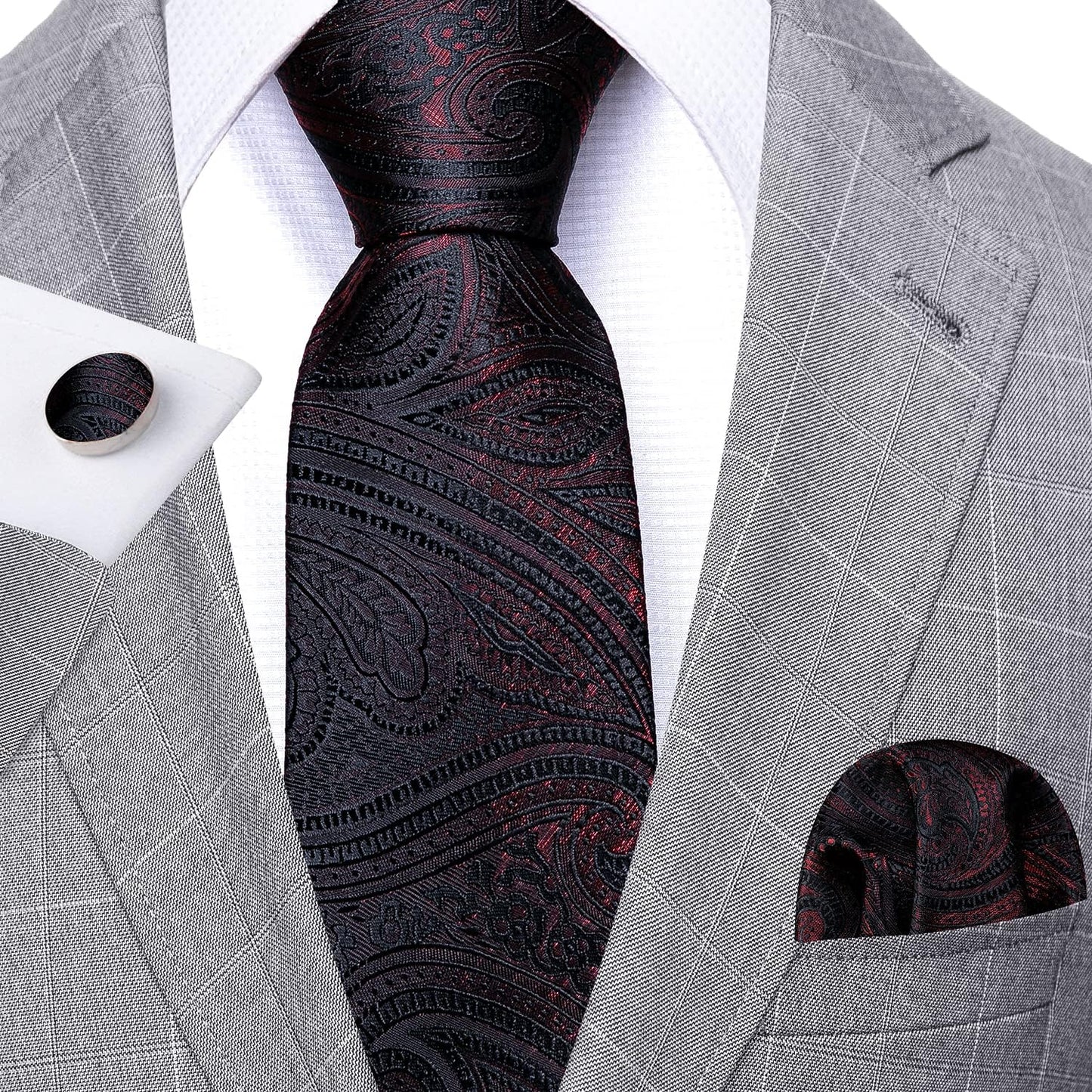 Classic Burgundy Flower Man Tie Set Wedding Necktie Pocket Square Cufflinks Ceremony