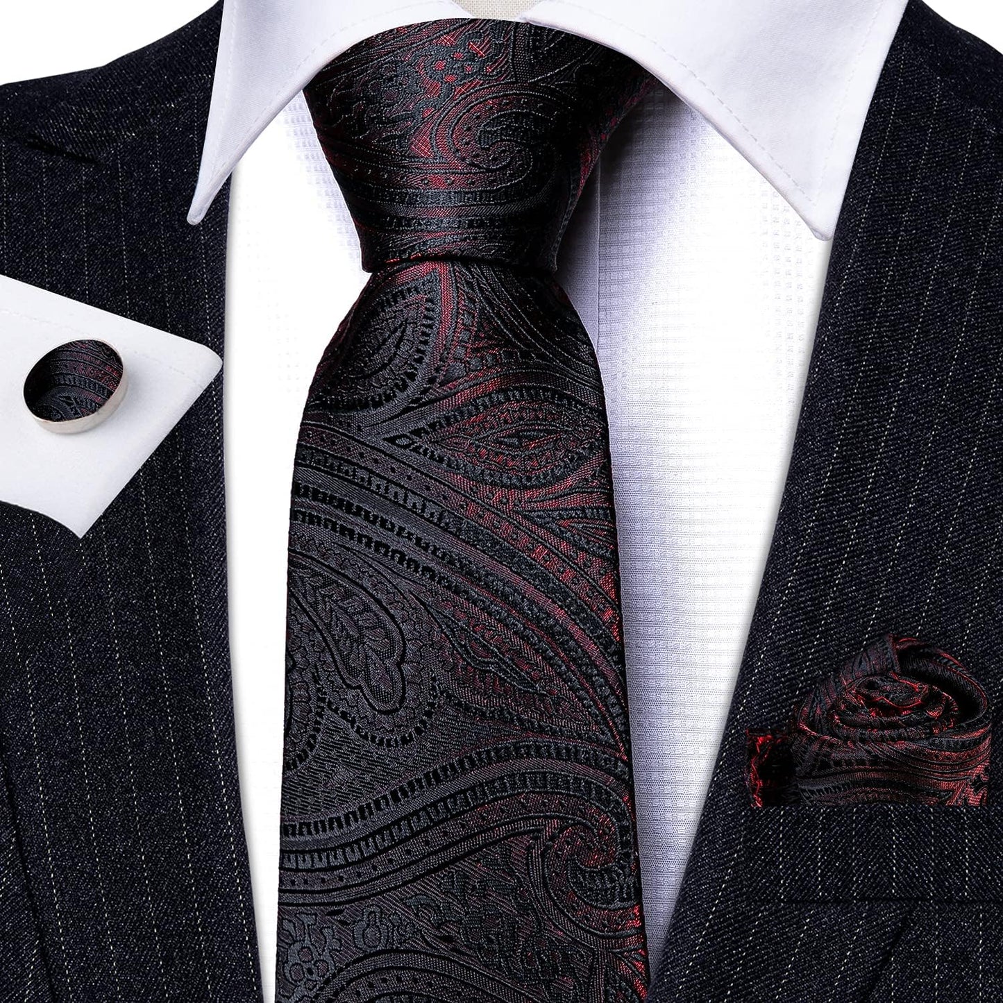 Classic Burgundy Flower Man Tie Set Wedding Necktie Pocket Square Cufflinks Ceremony