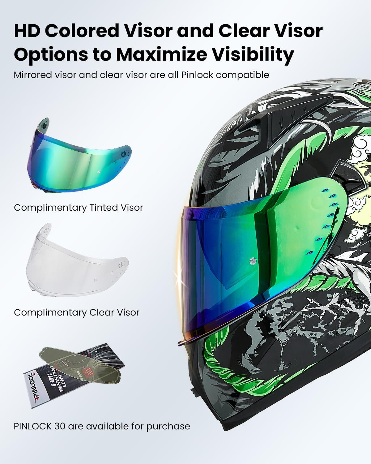 Motorcycle Helmet Full Face with Pinlock Compatible Clear&Tinted Visors and Fins Street Bike Motocross Casco DOT Model Z501(Legend Green, Large)