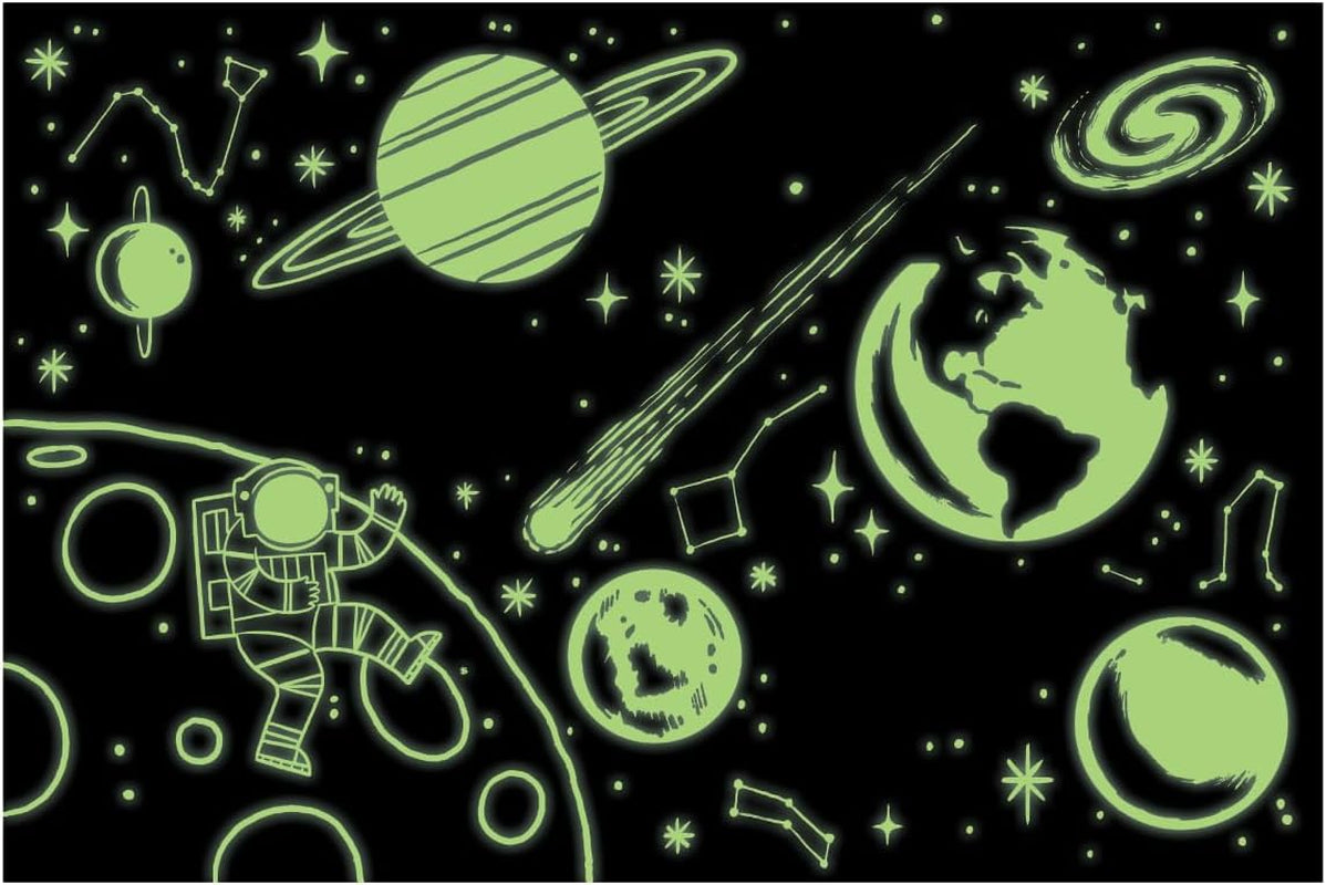 Outer Space – 100 Piece Glow in the Dark Jigsaw Puzzle with a Fun Scene of Planets and Stars and Hidden Details in the Dark