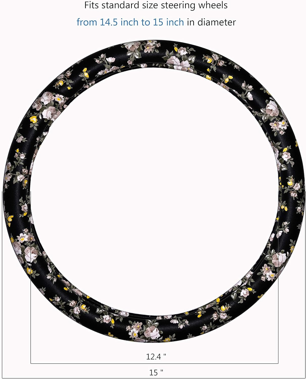 PU Leather Floral Auto Car Steering Wheel Cover, for Women Girls Ladies, anti Slip Non-Toxic Universal 15 Inch, Black with Flowers