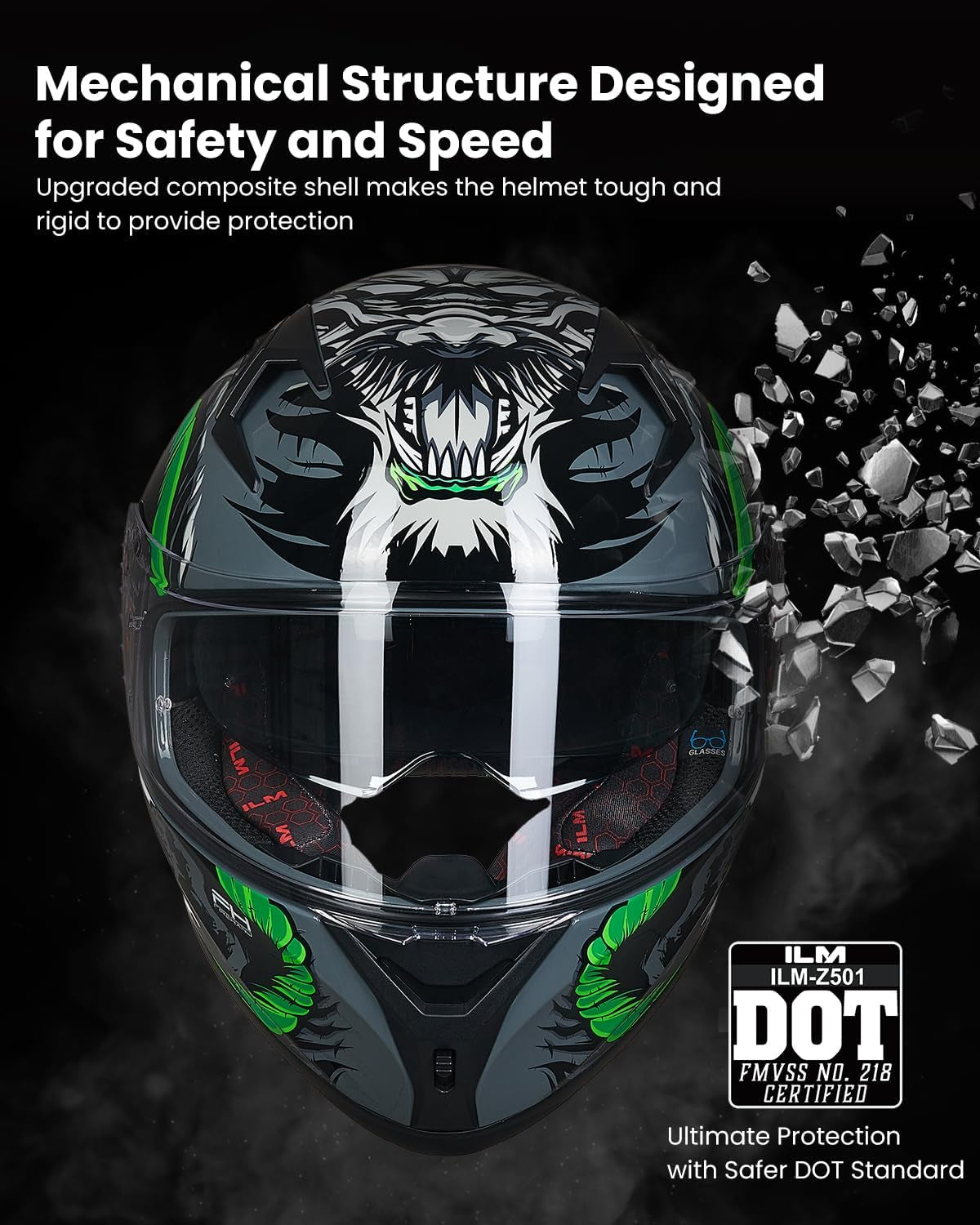 Motorcycle Helmet Full Face with Pinlock Compatible Clear&Tinted Visors and Fins Street Bike Motocross Casco DOT Model Z501(Legend Green, Large)