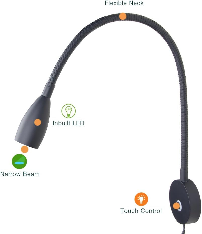 Dimmable Reading Light Gooseneck LED Task Light Minimalist Directional Light Light Headboard/Wall Surface Mount Matte Black