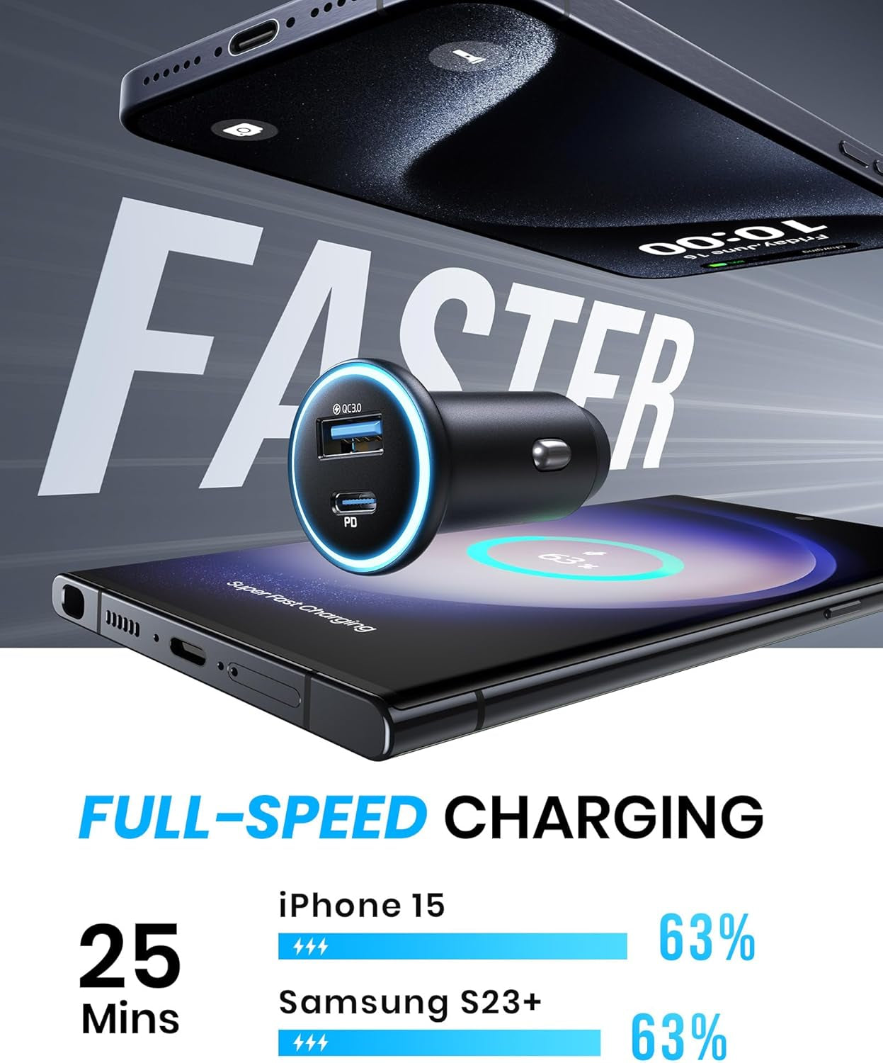 USB C Car Charger, 66W USB-C & USB-A Fast Charging Cigarette Lighter Adapter, Car Power Adapter PD QC3.0 Mini Car Phone Charger, for Iphone 17 16 15 Pro Max Samsung Galaxy S25 S24 S23, Ipad Pro