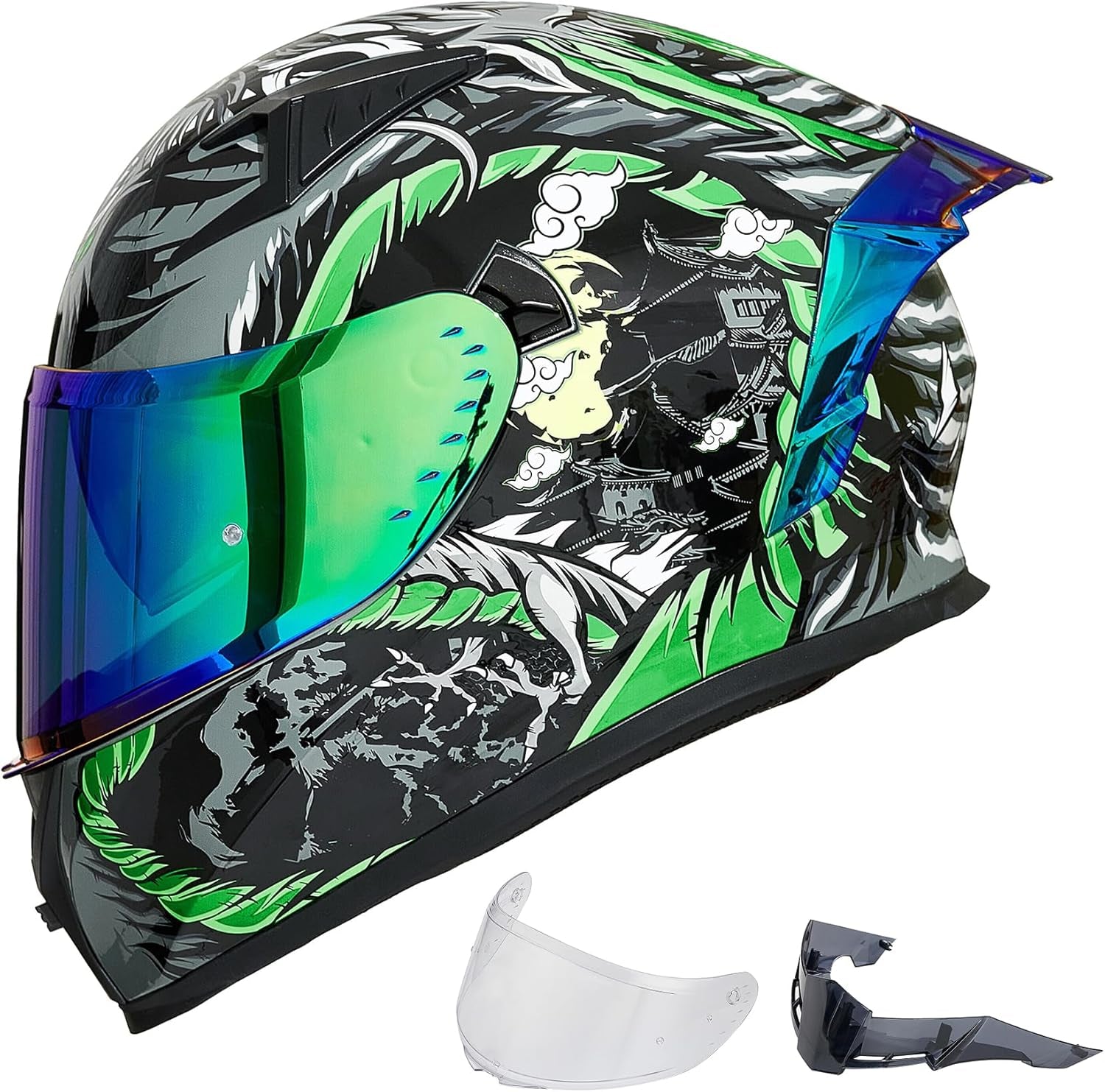 Motorcycle Helmet Full Face with Pinlock Compatible Clear&Tinted Visors and Fins Street Bike Motocross Casco DOT Model Z501(Legend Green, Large)