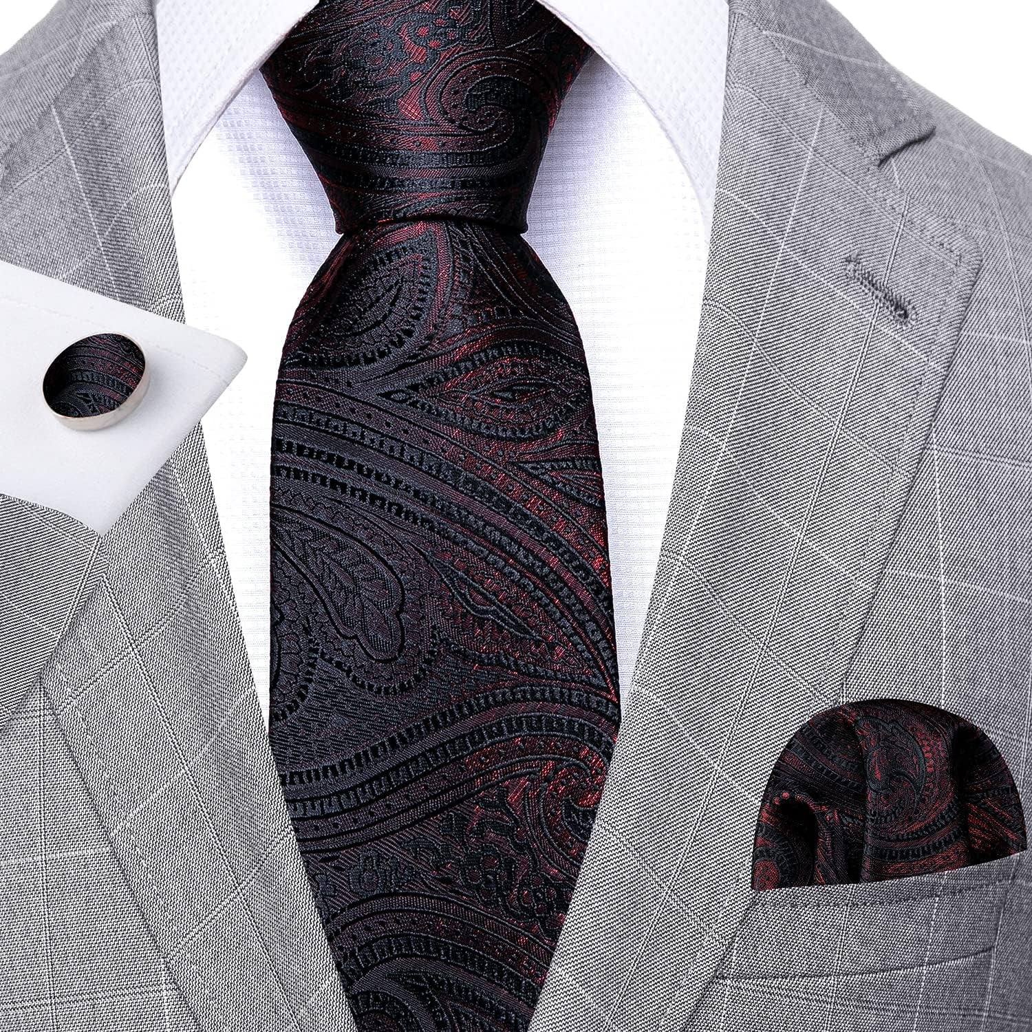 Classic Burgundy Flower Man Tie Set Wedding Necktie Pocket Square Cufflinks Ceremony